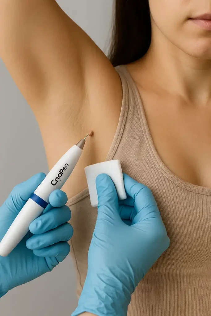 woman having cryopen to remove underarm skin tags Bournemouth