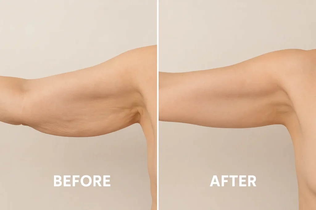 Picture of LA LIPO Bournemouth before and after results of skin tightening treatment on the upper arms.