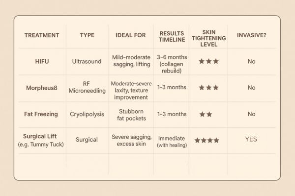 Table showing the comparisons of Skin tightening Bournemouth treatment options.